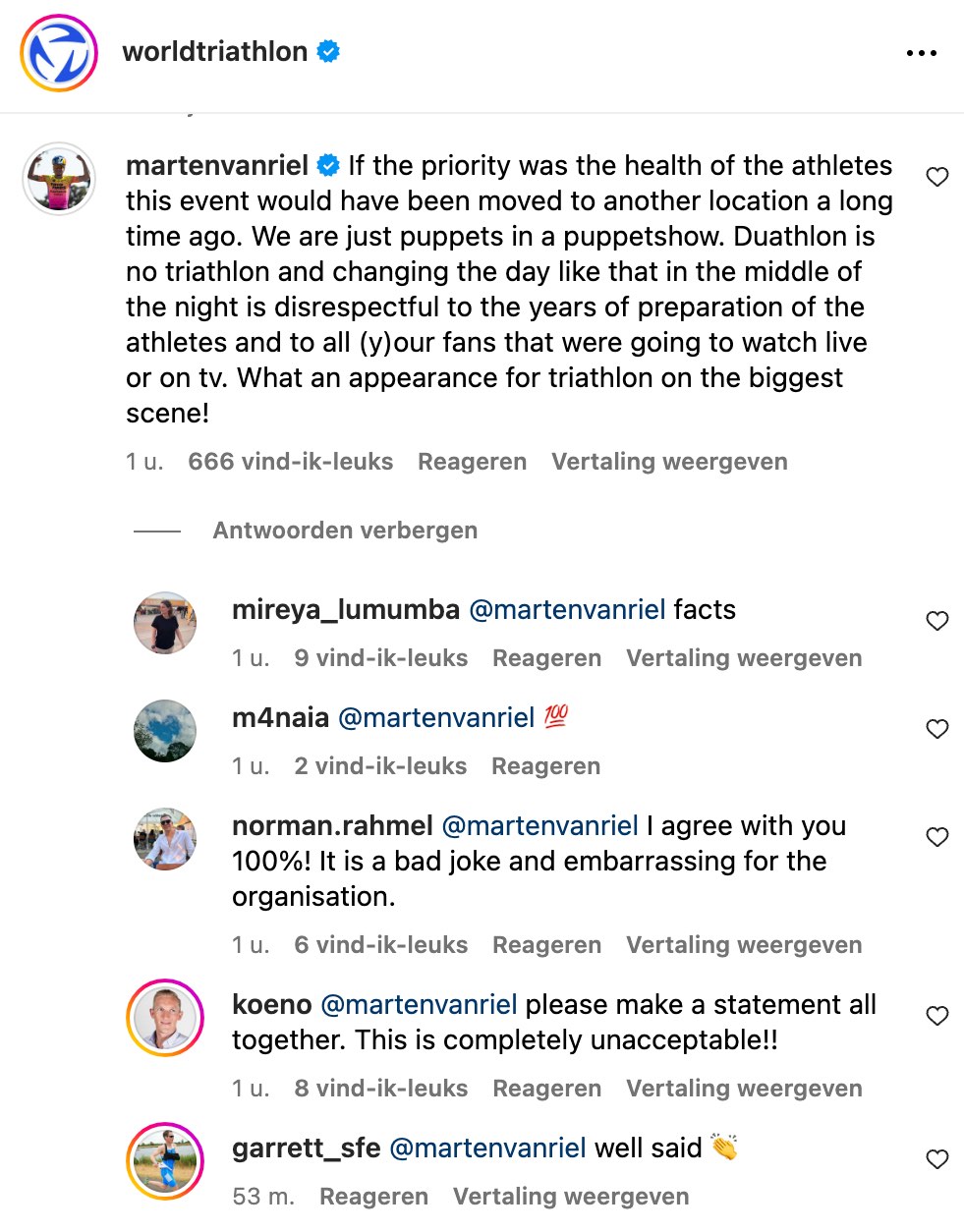 Screenshot van de reactie van Marten Van Riel op World Triathlon