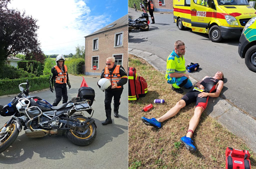 Leider in triatlon Namen gaat mee onderuit met vooroprijdende motor, triatleet lichtgewond